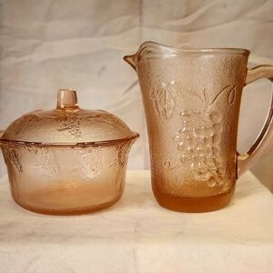 1960's pink depression glass trinket  bowl with lid. 5" Grape Pattern Creamer